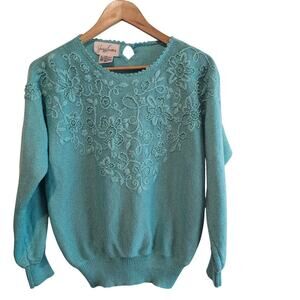 Vintage Crochet Sweater Women Med Blue Beaded Glam Knit Cottage Preppy Academia